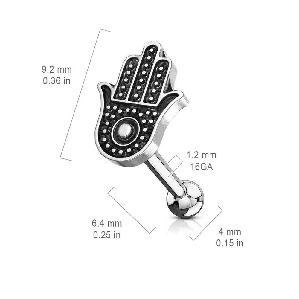 Surgical Steel Hand Of Fatima Hamsa Ball Back Cartilage Barbell