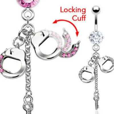 Surgical Steel Handcuff and Key CZ Dangle Belly Button Navel Ring