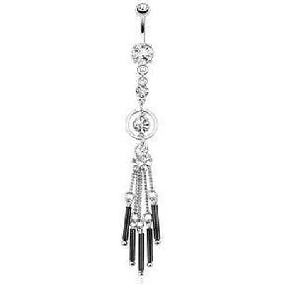 Surgical Steel Long Clear CZ Black Bars Chain Dangling Belly Button Navel Ring