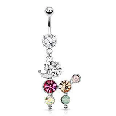 Surgical Steel Multi Color CZ Paved Poodle Dog Dangling Belly Ring
