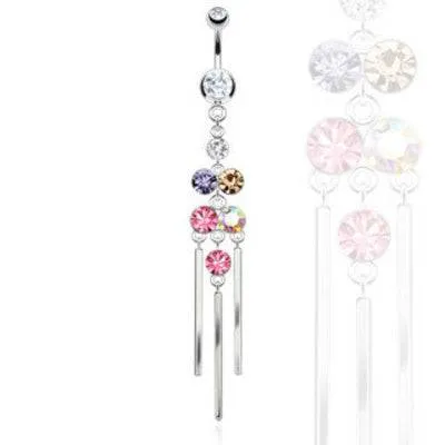 Surgical Steel Multi Color Rainbow Long Chandelier Chimes Dangling Belly Button Navel Ring