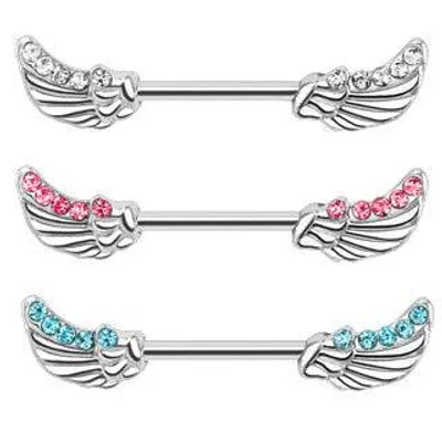 Surgical Steel Nipple Ring Bar with Angel Wing Feathers CZ Gems