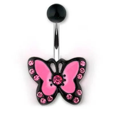 Surgical Steel Pink & Black CZ Gem Butterfly Belly Button Navel Ring
