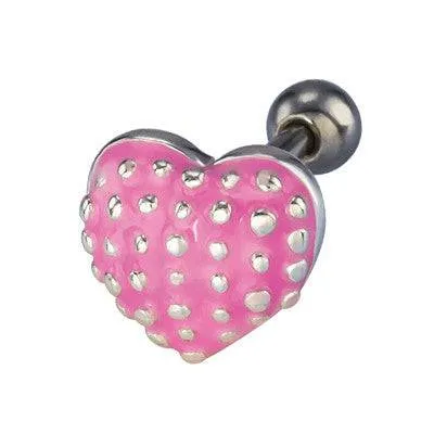 Surgical Steel Pink Enamel Steel Studded Heart Stud Cartilage Ring with Ball End