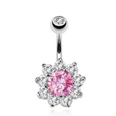 Surgical Steel Pink & White CZ Gem Flower Belly Button Navel Ring