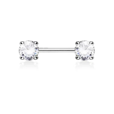 Surgical Steel Prong Double Round White CZ Nipple Ring Barbell