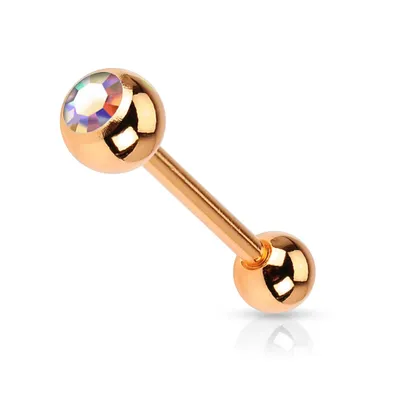 Surgical Steel Rose Gold Plated Aurora Borealis Straight Barbell Tongue Ring