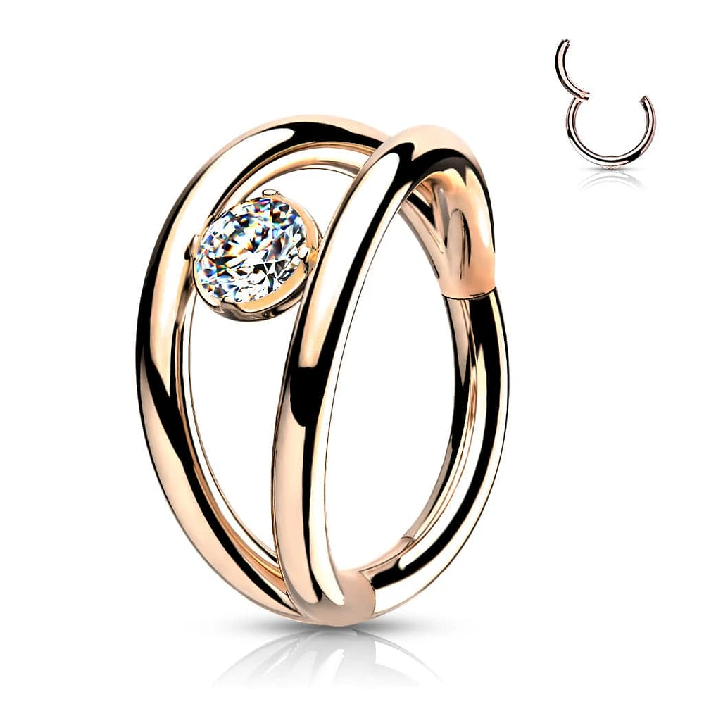 Surgical Steel Rose Gold PVD Double Hoop Look White CZ Hinged Hoop Ring Clicker