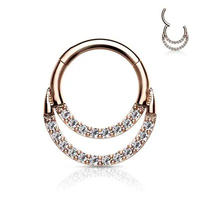 Surgical Steel Rose Gold PVD Double Line White CZ Hinged Easy Click Septum Ring