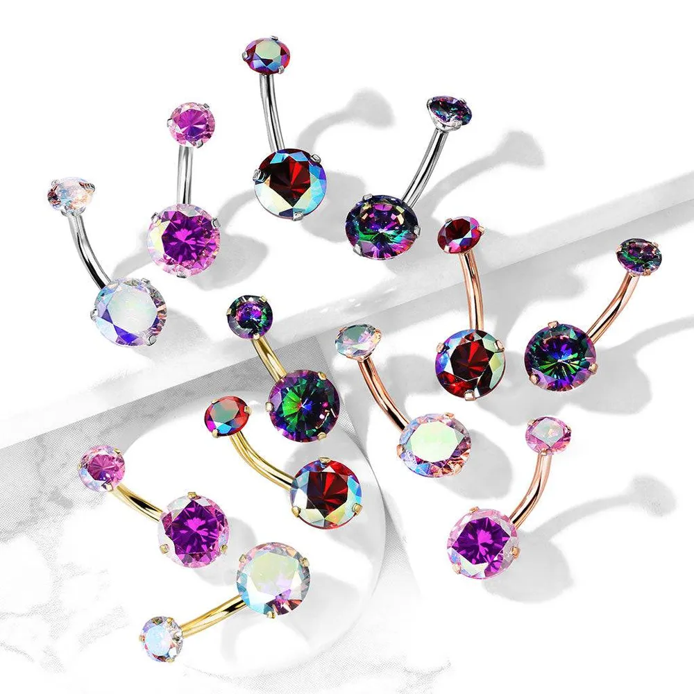 Surgical Steel Rose Gold PVD Internally Threaded Belly Ring Aurora Borealis CZ Gems