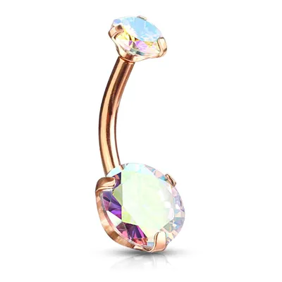 Surgical Steel Rose Gold PVD Internally Threaded Belly Ring Aurora Borealis CZ Gems