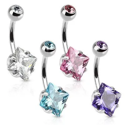 Surgical Steel Square CZ Gem Prong Stone Belly Button Navel Ring Bar