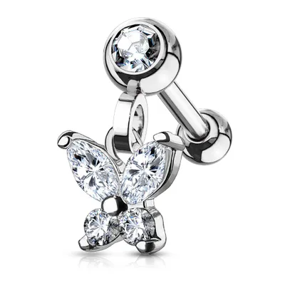 Surgical Steel White CZ Butterfly Dangle Cartilage Ring Barbell