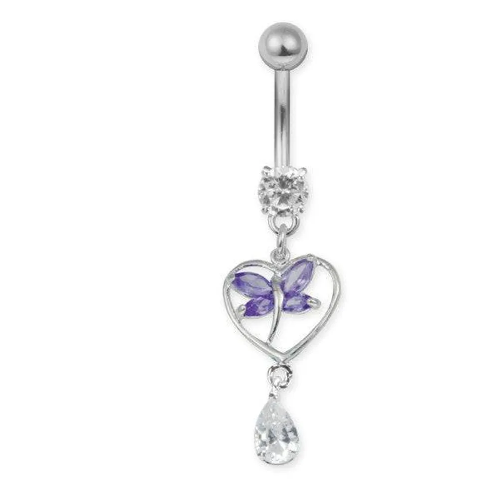 Surgical Steel White CZ Gem Crystal Butterfly Heart Dangle Belly Button Navel Ring