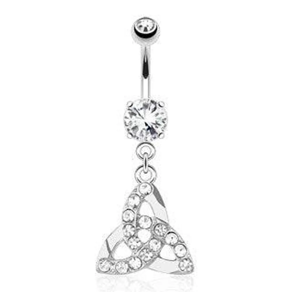 Surgical Steel White CZ Gem Paved Celtic Knot Belly Button Dangling Belly Ring