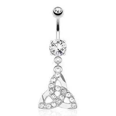 Surgical Steel White CZ Gem Paved Celtic Knot Belly Button Dangling Belly Ring