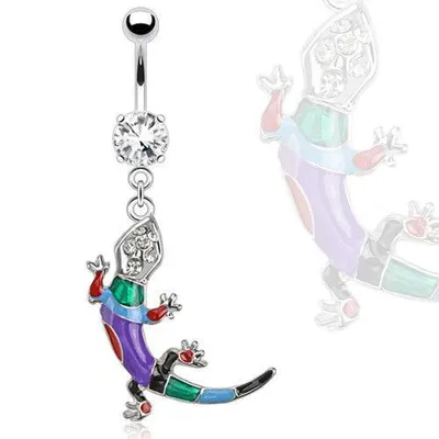 Surgical Steel Wild Multi Color Gecko Lizard Dangle Belly Button Navel Ring