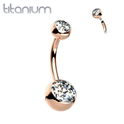 Implant Grade Titanium Rose Gold PVD Double Ball White CZ Gem Belly Ring