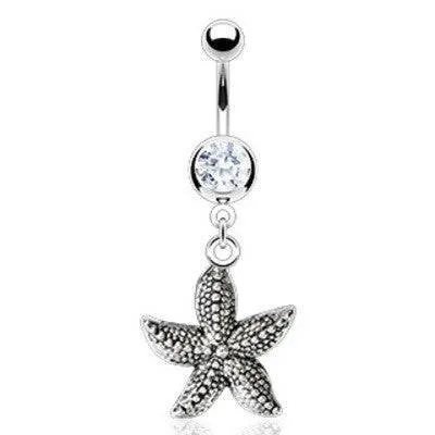 Vintage Antique Starfish CZ Dangle Surgical Steel Belly Button Navel Ring