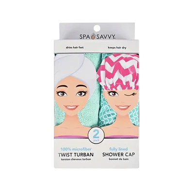 Spa Savy Twist Hair Turban & Shower Cap Set | 2 Pack