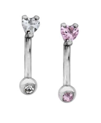 Bodifine Stainless Steel Set of 2 Crystal Heart Eyebrow Bars