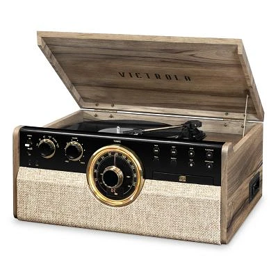 6-in-1 Wood Empire Mid Century Modern Bluetooth Record Player with 3-Speed Turntable, CD, Cassette Player and Radio