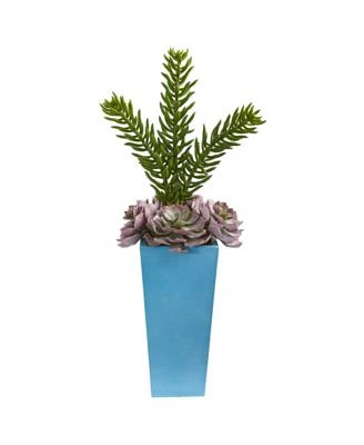 33” Echeveria and Spiky Succulent Artificial Plant in Blue Planter