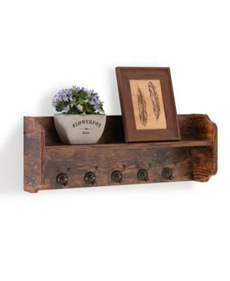 Utility Wall Shelf with Hooks - Aged Wood