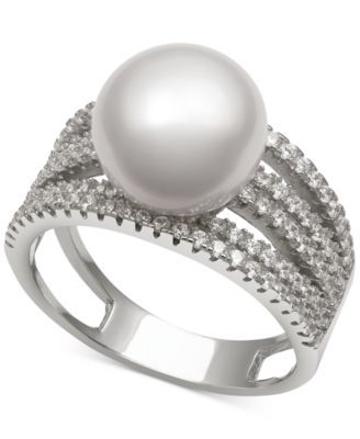 Cultured Freshwater Pearl (10mm) and Cubic Zirconia Multi-Row Statement Ring in Sterling Silver