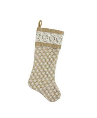 20.5" Tan Brown and White Lace with Burlap and Lace Cuff Christmas Stocking