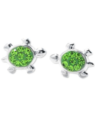 Green Crystal Turtle Stud Earrings (3/8") in Sterling Silver