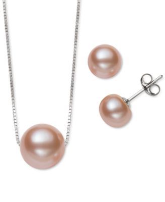 2-Pc. Set White Dyed Cultured Freshwater Pearl (8-10mm) Pendant Necklace & Matching Stud Earrings (Also Black Pink Pearl)