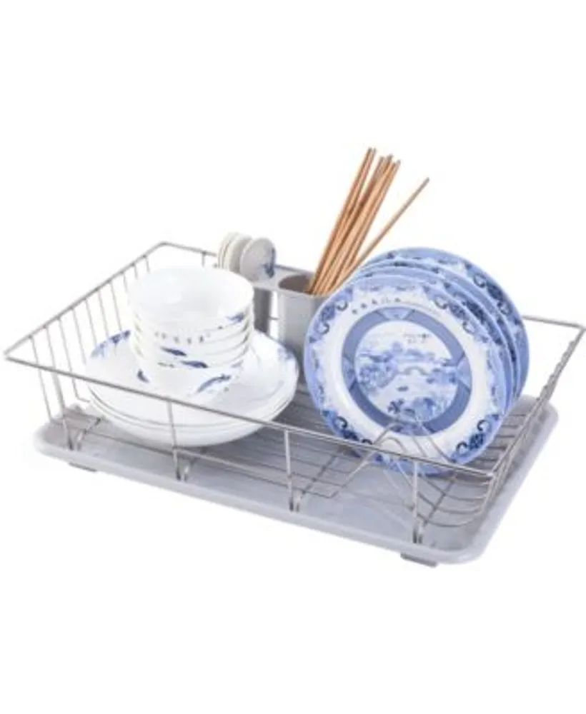 Basicwise Vintiquewise Stainless Steel Dish Rack with Plastic Drain Board  and Utensil Cup