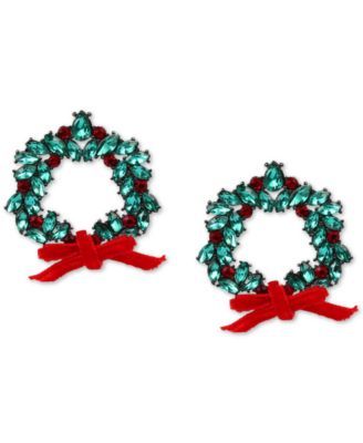 Holiday Lane Hematite-Tone Red & Green Crystal Wreath Drop Earrings, Created for Macy's 