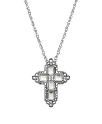 Women's Pewter Rectangle Clear Crystal Cross Necklace