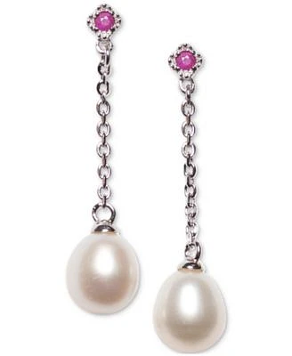 Cultured Freshwater Pearl (7 x 9mm) and Ruby Earring in Sterling Silver