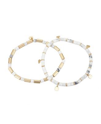 Silver Plated or Gold Flash-Plated Genuine Howlite Stone and Charm Stretch Bracelet Duo