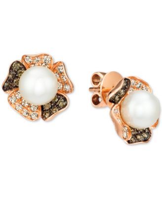 Vanilla Pearl™ (7mm) & Diamond (5/8 ct. t.w.) Flower Stud Earrings in 14k Rose Gold