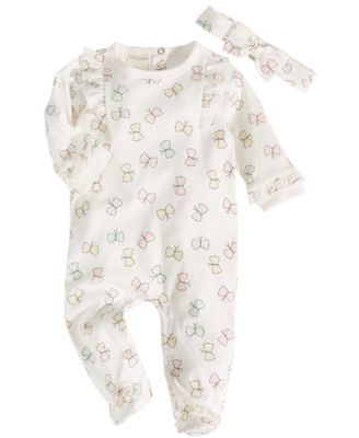 Baby Girls Cotton Butterfly-Print Ruffled Footie & Headband Set, Created for Macy's