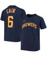 Youth Nike Lorenzo Cain Navy Milwaukee Brewers Player Name & Number T-Shirt