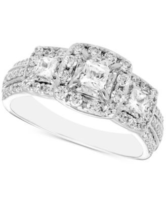 Diamond 3-Stone Princess-Cut Halo Ring (1 ct. t.w.) in 14k White Gold