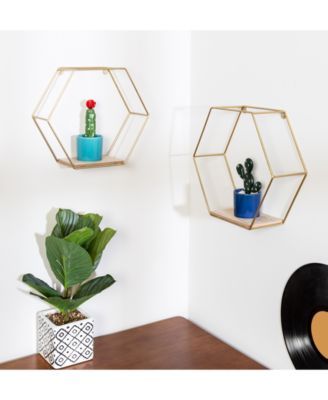 Hexagonal Decorative Metal Wall Shelves, Set of 2