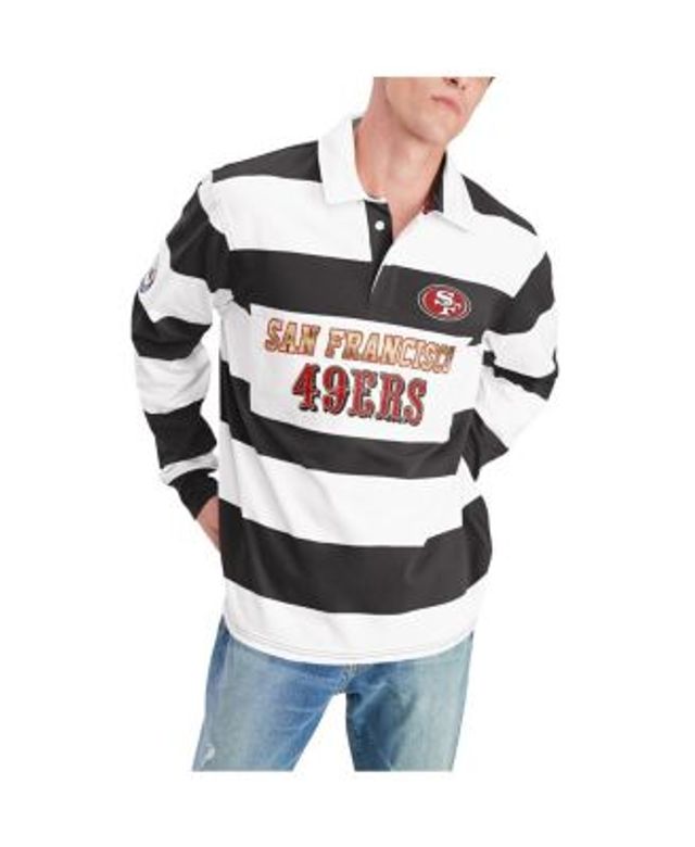 Tommy Hilfiger Men's Black, White San Francisco 49ers Varsity Stripe Rugby  Long Sleeve Polo Shirt