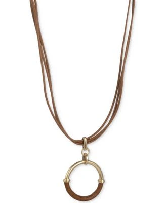 Gold-Tone Leather-Wrapped Ring Multi-Cord Pendant Necklace, 16" + 3" extender