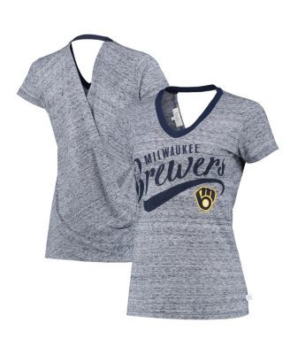 Women's Navy Milwaukee Brewers Hail Mary V-Neck Back Wrap T-shirt