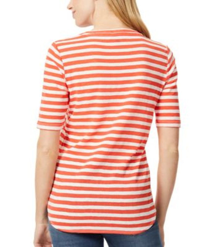 Women's Stripe Slub Pleated V-neck Elbow Sleeve T-shirt