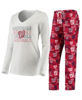 Women's Concepts Sport White/Red Washington Nationals Flagship Long Sleeve  V-Neck T-Shirt & Pants Sleep Set