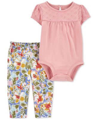 Baby Girls 2-Pc. Crocheted Bodysuit & Floral-Print Pants Set