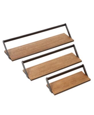 Floating Decorative Metal and Wood Wall Shelf, Set of 3