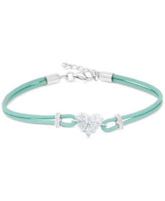 Lab-Created White Sapphire Heart Cluster Blue Leather Bracelet (1-5/8 ct. t.w.) in Sterling Silver